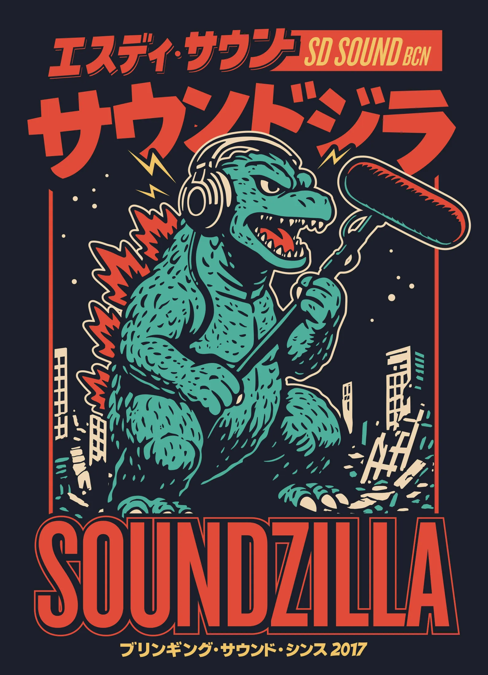 Illustration of a green Godzilla-like creature wearing headphones and holding a large audio boom mic, with damaged buildings in the background and 'SOUNDZILLA' text in bold red letters.