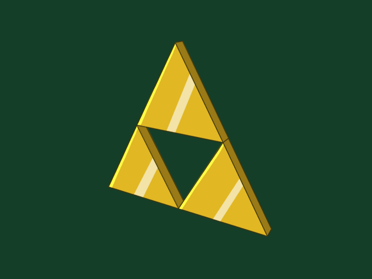 3D golden Triforce composed of three interlocking triangular prisms on a dark green background.