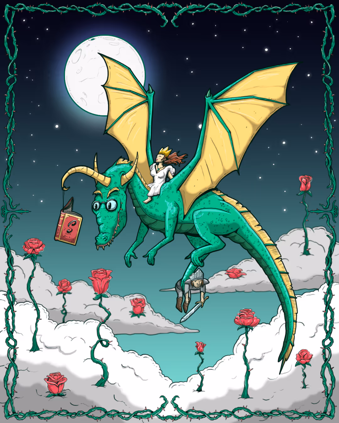 Illustration of a green dragon with yellow wings and glasses flying in the night sky with a full moon, carrying a princess wearing a crown and a knight with a sword, surrounded by red roses growing from clouds and a vine border.