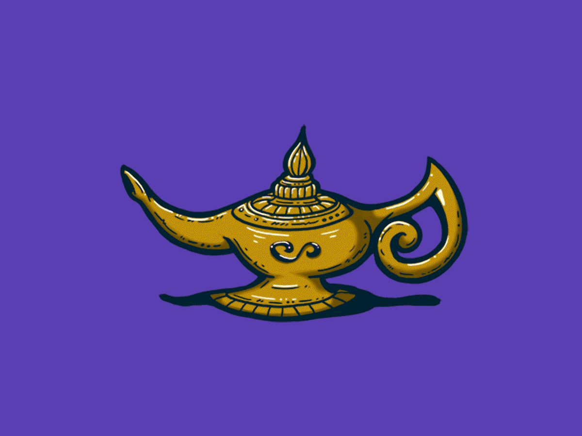 Illustration of a golden magic lamp with a curved spout and ornate handle on a purple background.