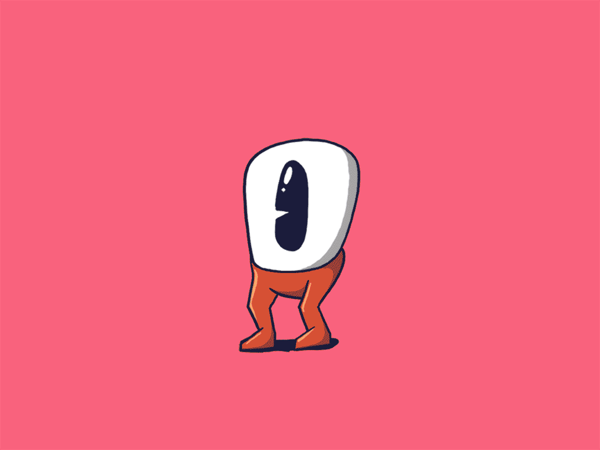 Animated cartoon character with a large white eye for a head and small orange legs against a pink background.