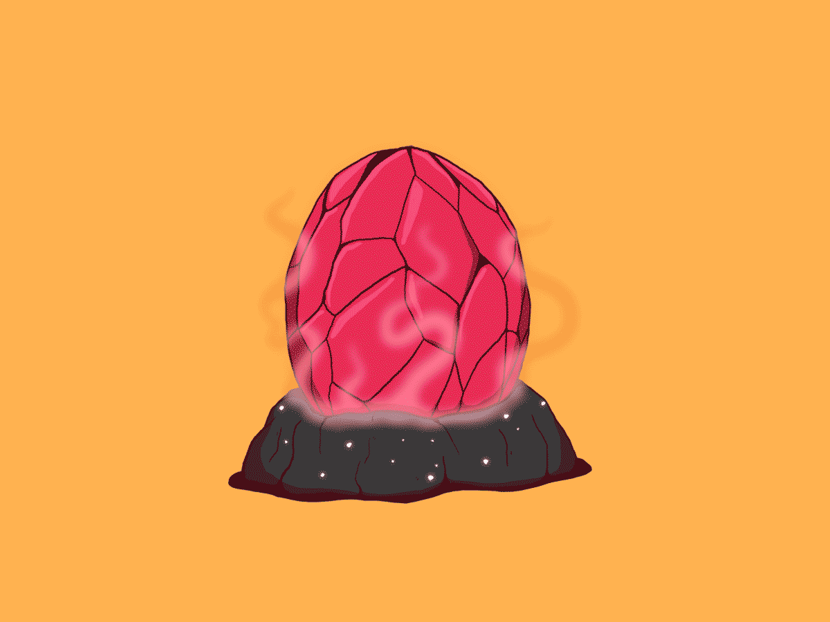 Red dragon egg with dark cracks resting on a glowing black stone pedestal emitting smoke on an orange background.