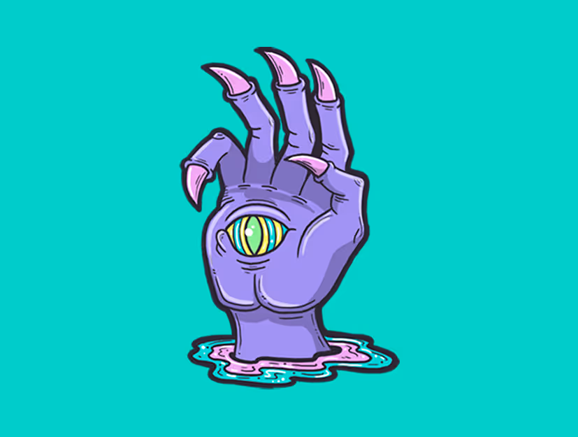 Purple monster hand with sharp pink claws and a large green and yellow eye in the palm emerging from a purple and blue puddle on a teal background.