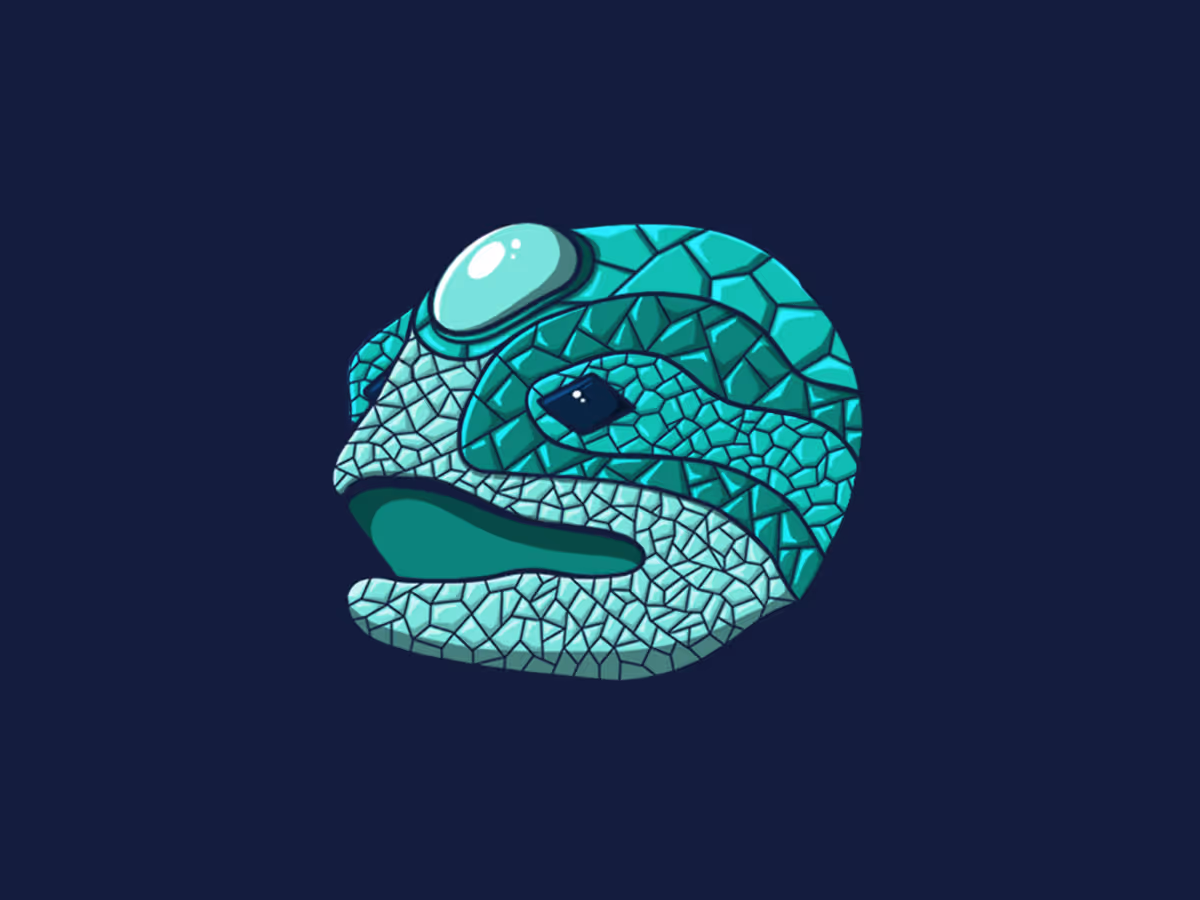 Stylized turquoise mosaic lizard head with large eye on dark blue background.