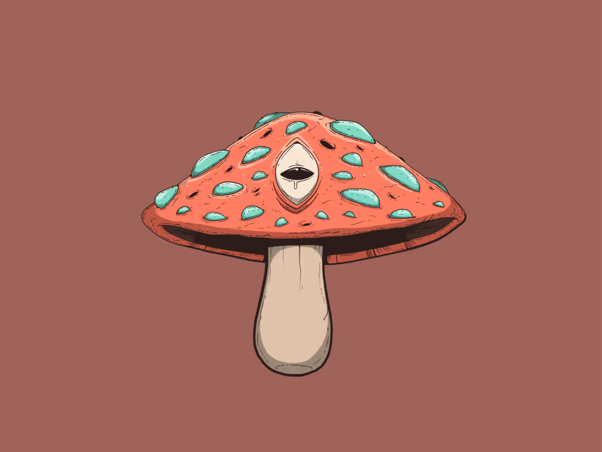 Illustration of a red mushroom with turquoise spots and a single eye in the center of the cap on a brown background.