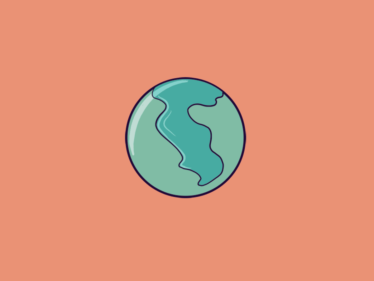 Animated illustration of a rotating planet with green landmasses and blue water on an orange background.