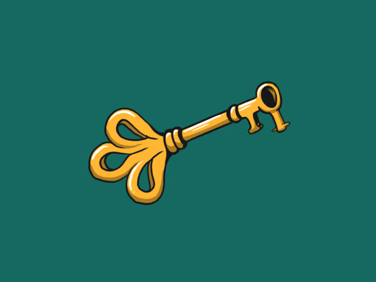 Illustration of a yellow vintage skeleton key on a green background.