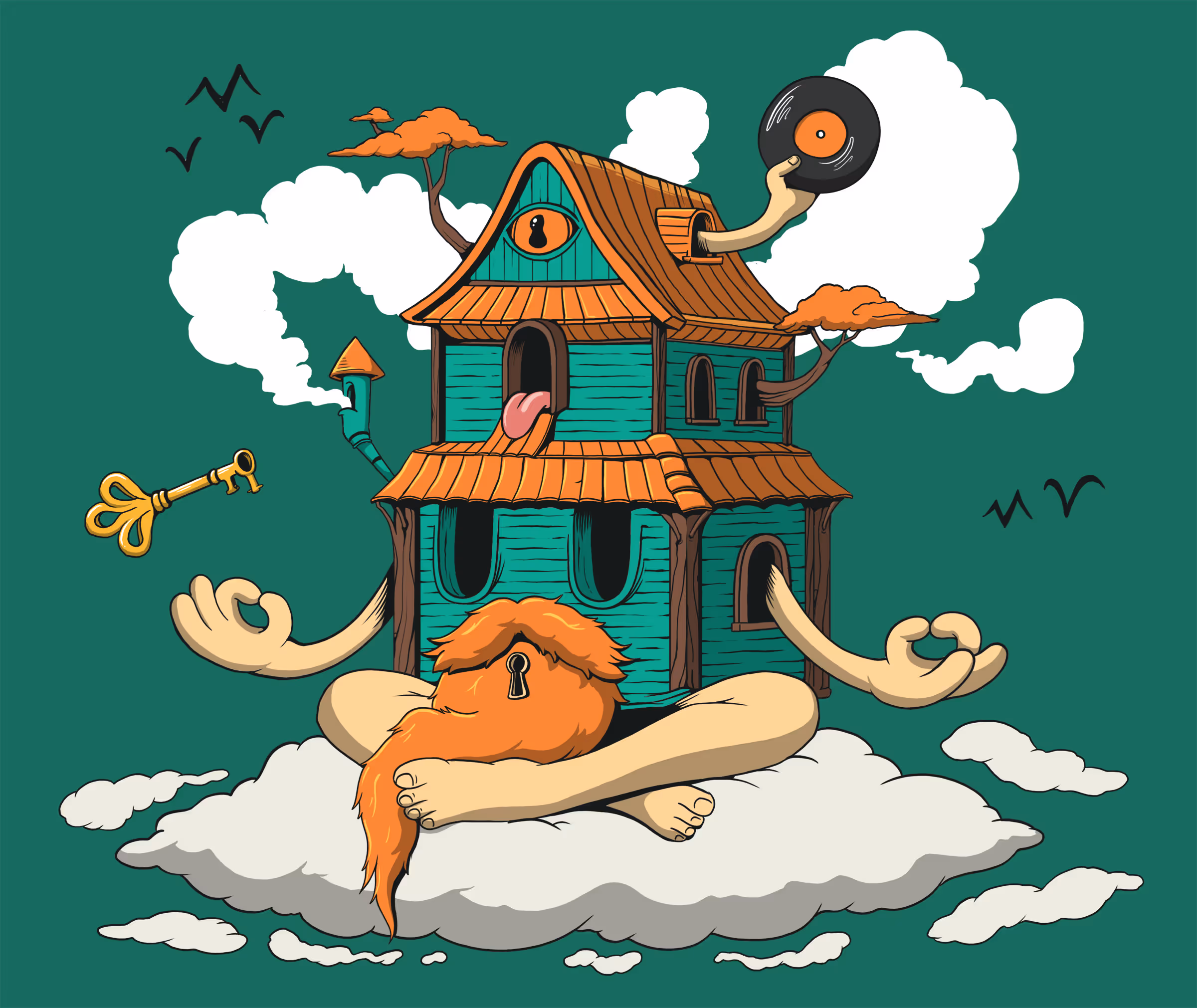 Surreal illustration of a meditating house with arms, legs, an orange beard with a keyhole, a key floating nearby, and a record held by an arm, all on a cloud with birds and smoke.