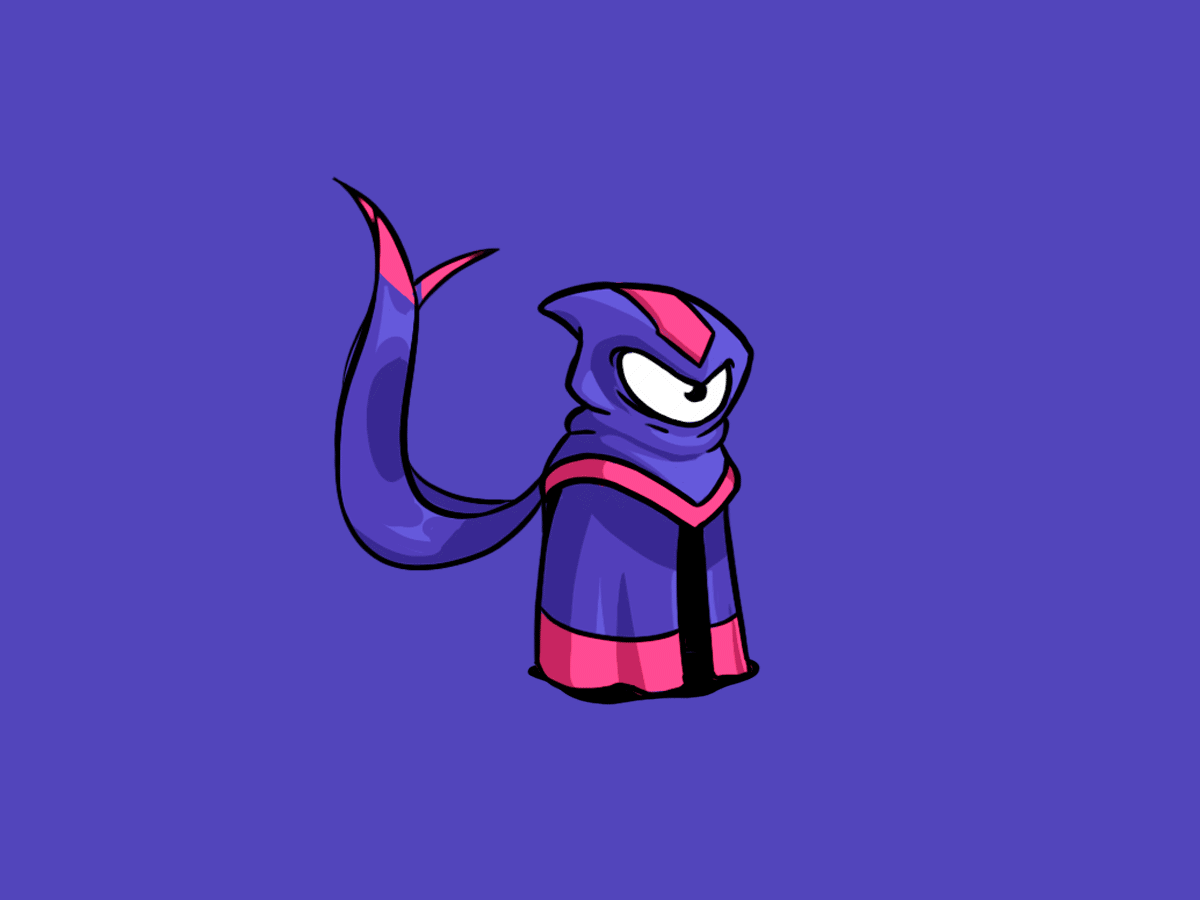 Animated purple character with a single large eye, a long tail, and red accents on a purple background.
