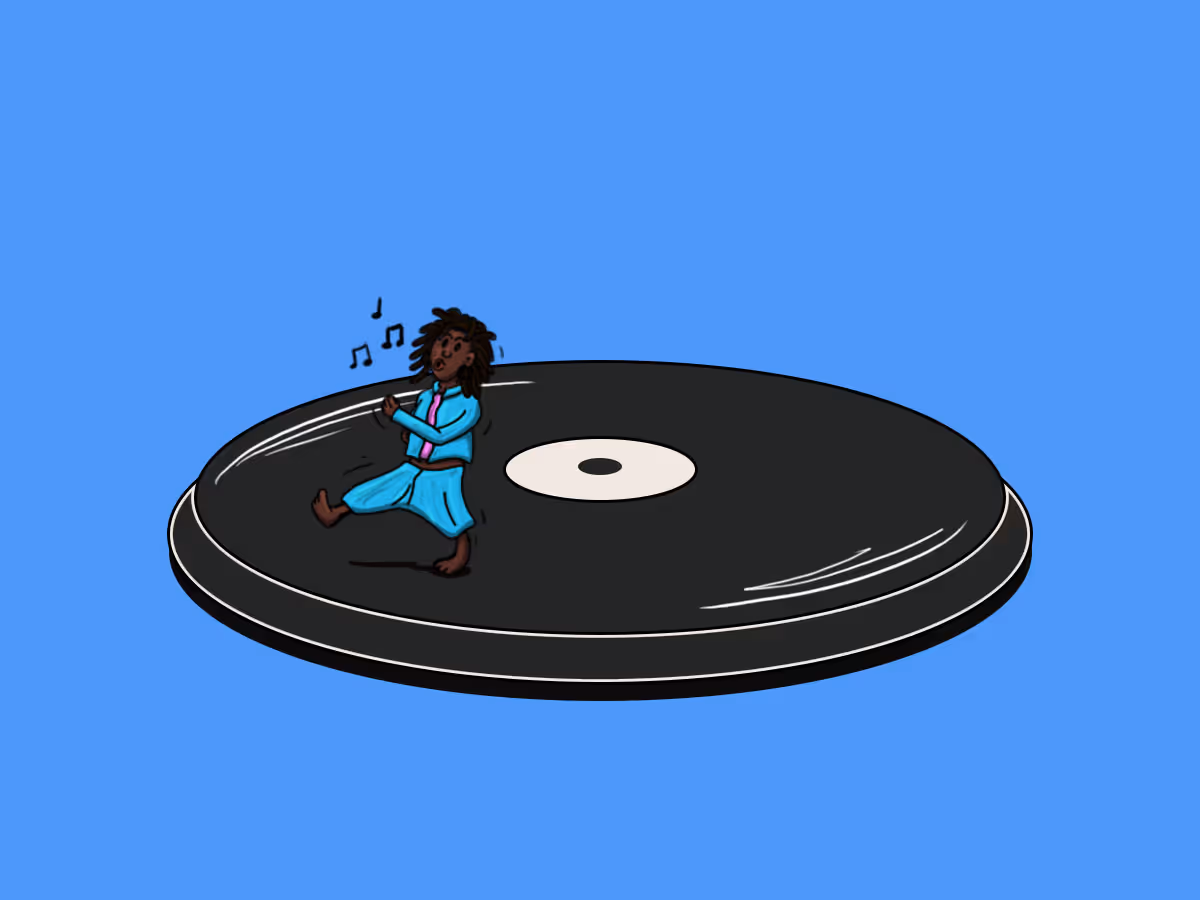 Illustration of a person in a blue outfit dancing on a large black vinyl record with musical notes around.