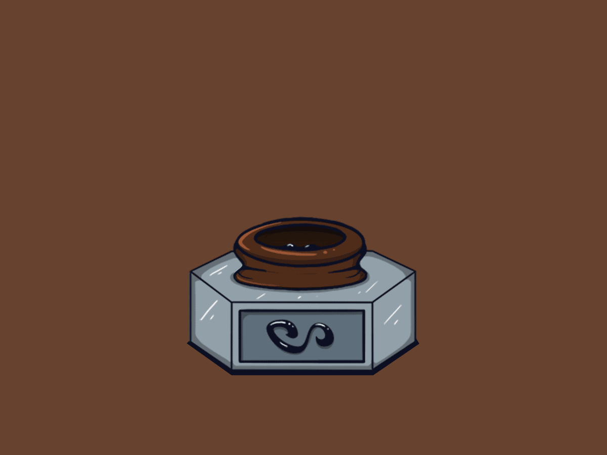 Animated hexagonal ink vessel with a brown top and dark ink swirling inside on a brown background.