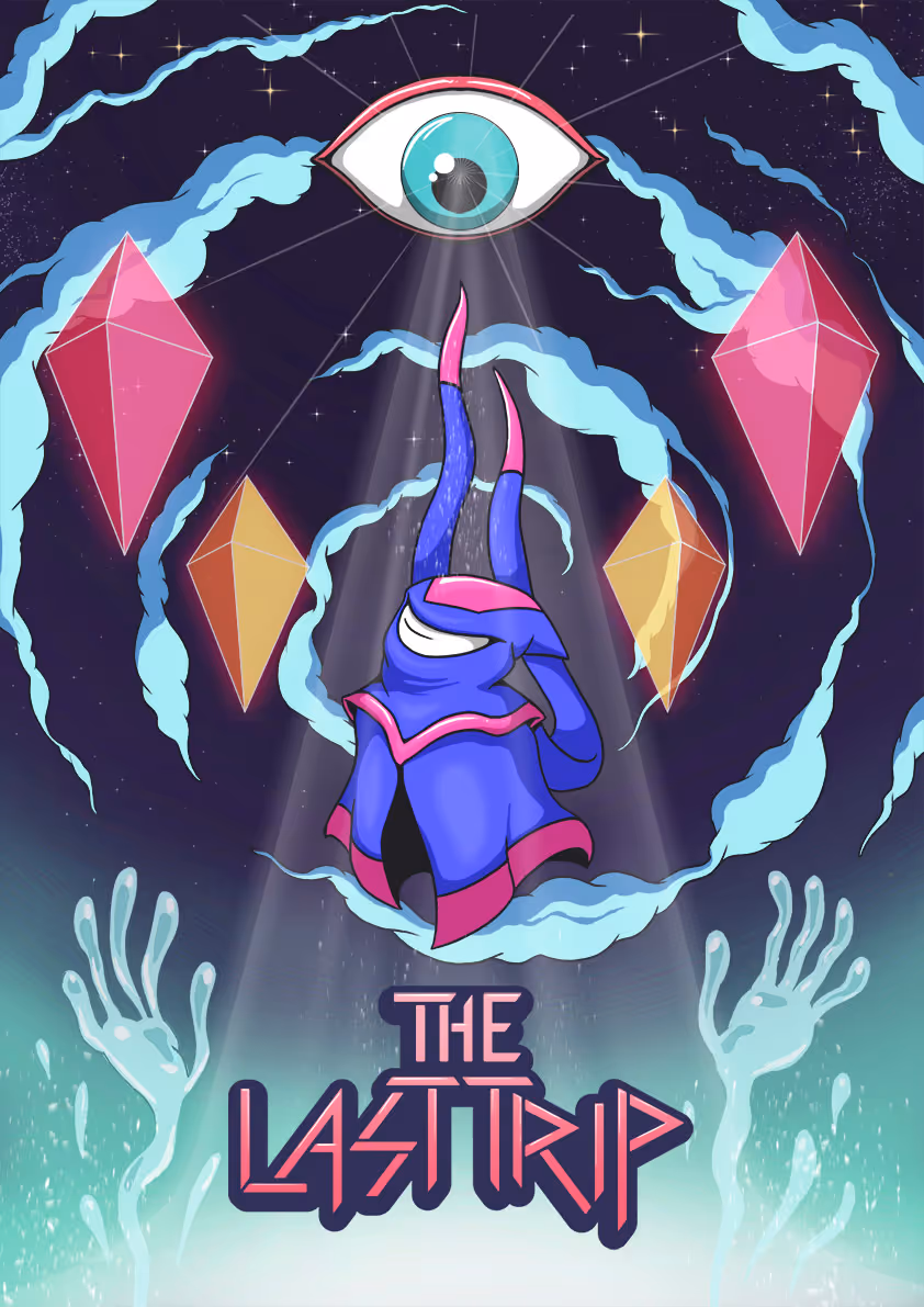 Blue horned creature levitating under a large glowing eye with floating crystals and ghostly hands, titled 'The Last Trip'.