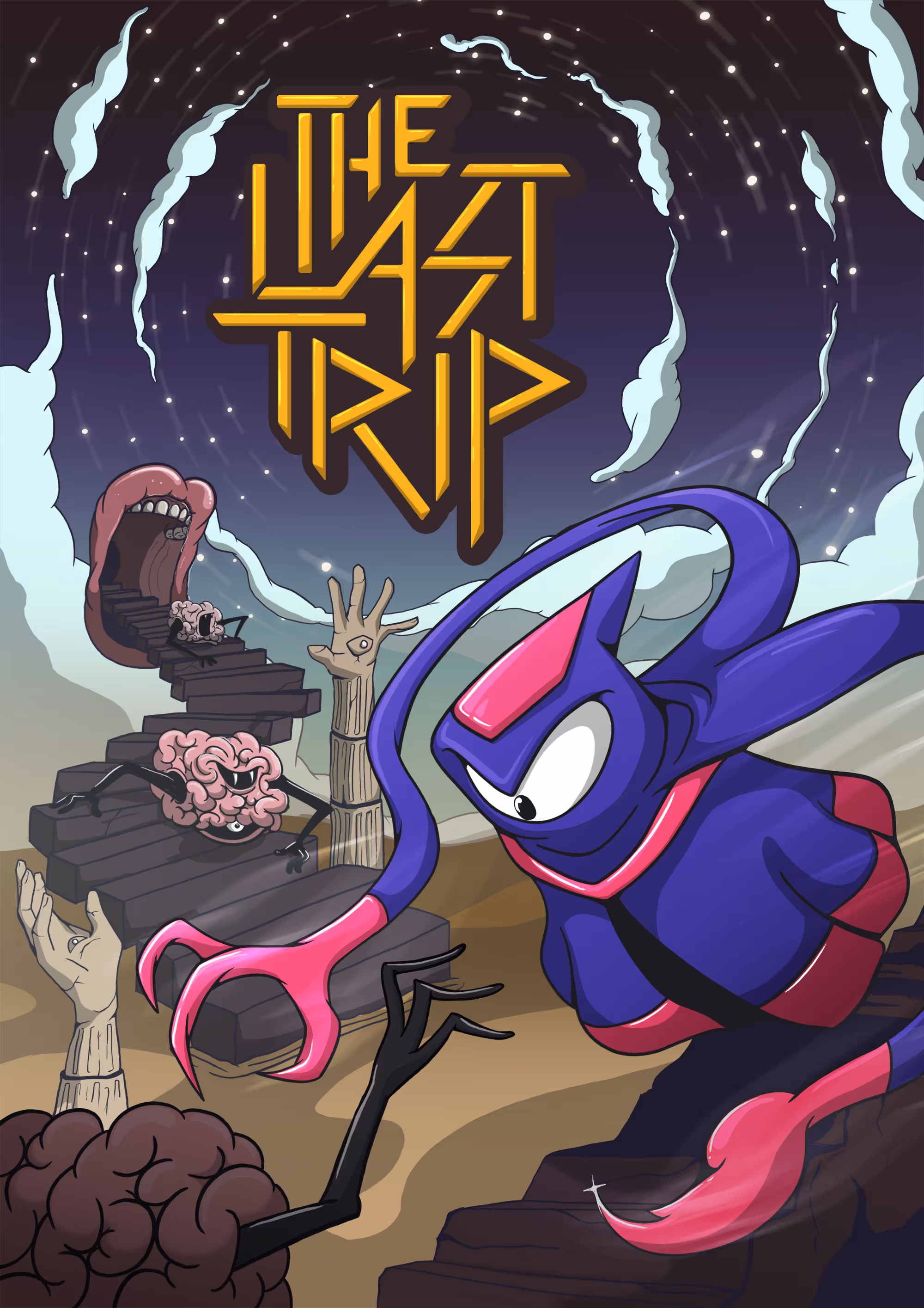 Illustration of a purple and pink futuristic character reaching toward a black brain with arms, near a floating stairway with pink brains and a large mouth in a surreal landscape with night sky and stylized text 'The Last Trip'.