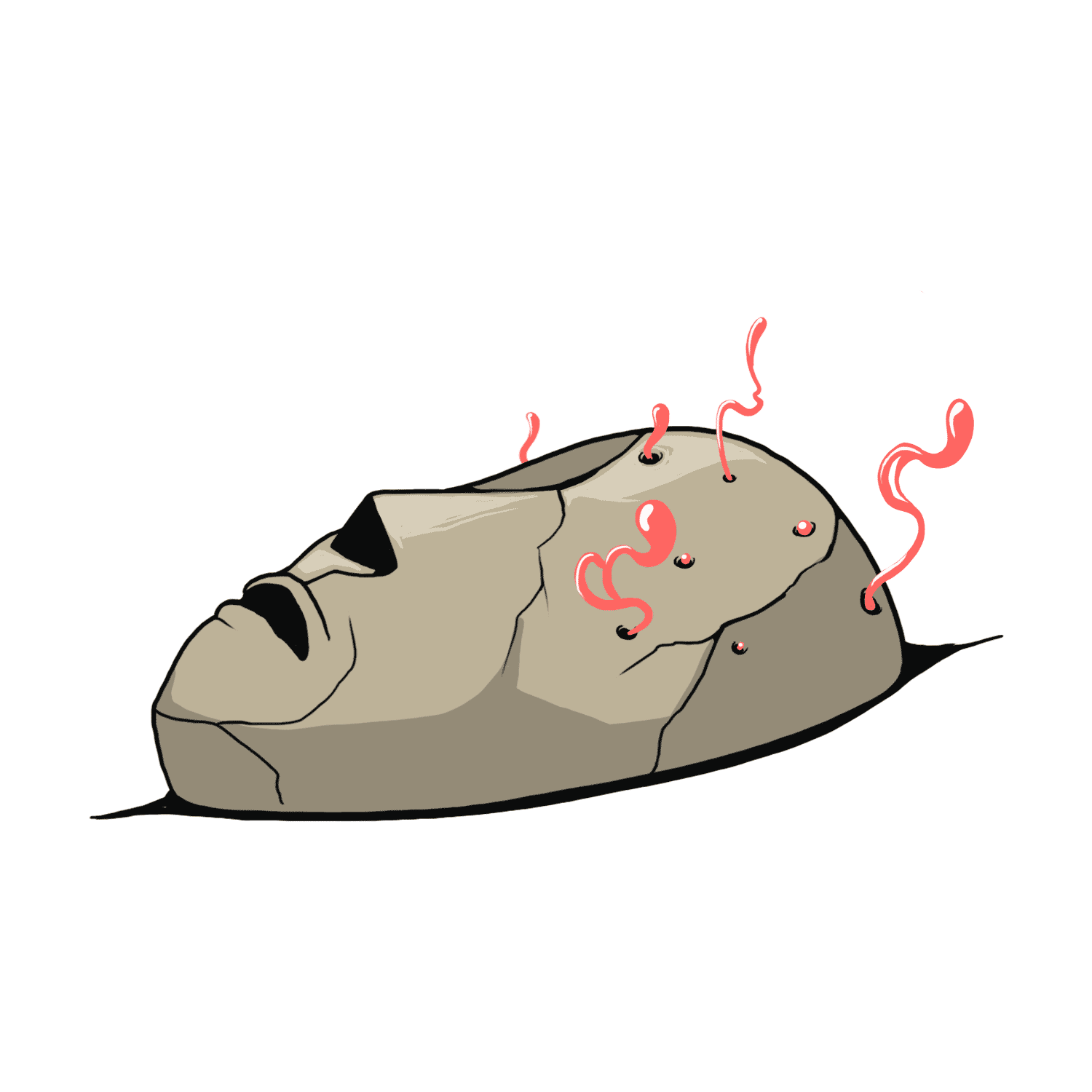 Illustration of a cracked stone head with pink worm-like creatures emerging from holes on its surface.