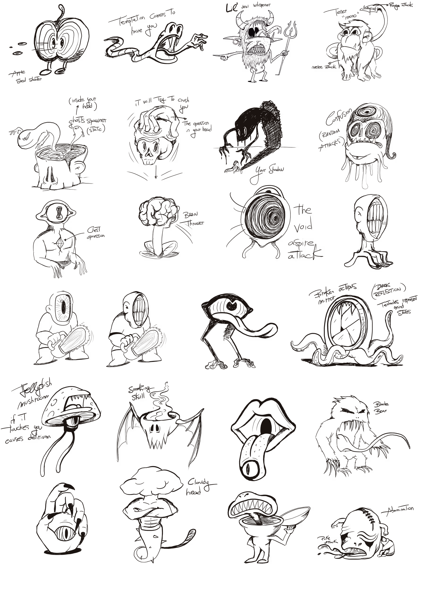 Black and white sketch of different cartoon-style monsters, each with distinct exaggerated facial features and expressions.