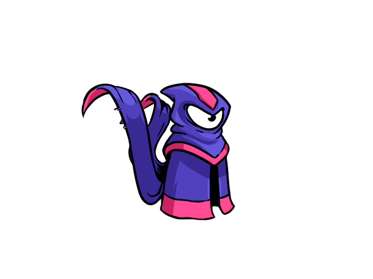 Purple and pink animated character with a single large eye and tentacle-like appendages.