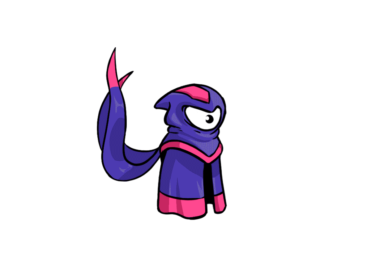 Animated purple and pink cartoon character with one large eye and a flowing tail-like appendage.