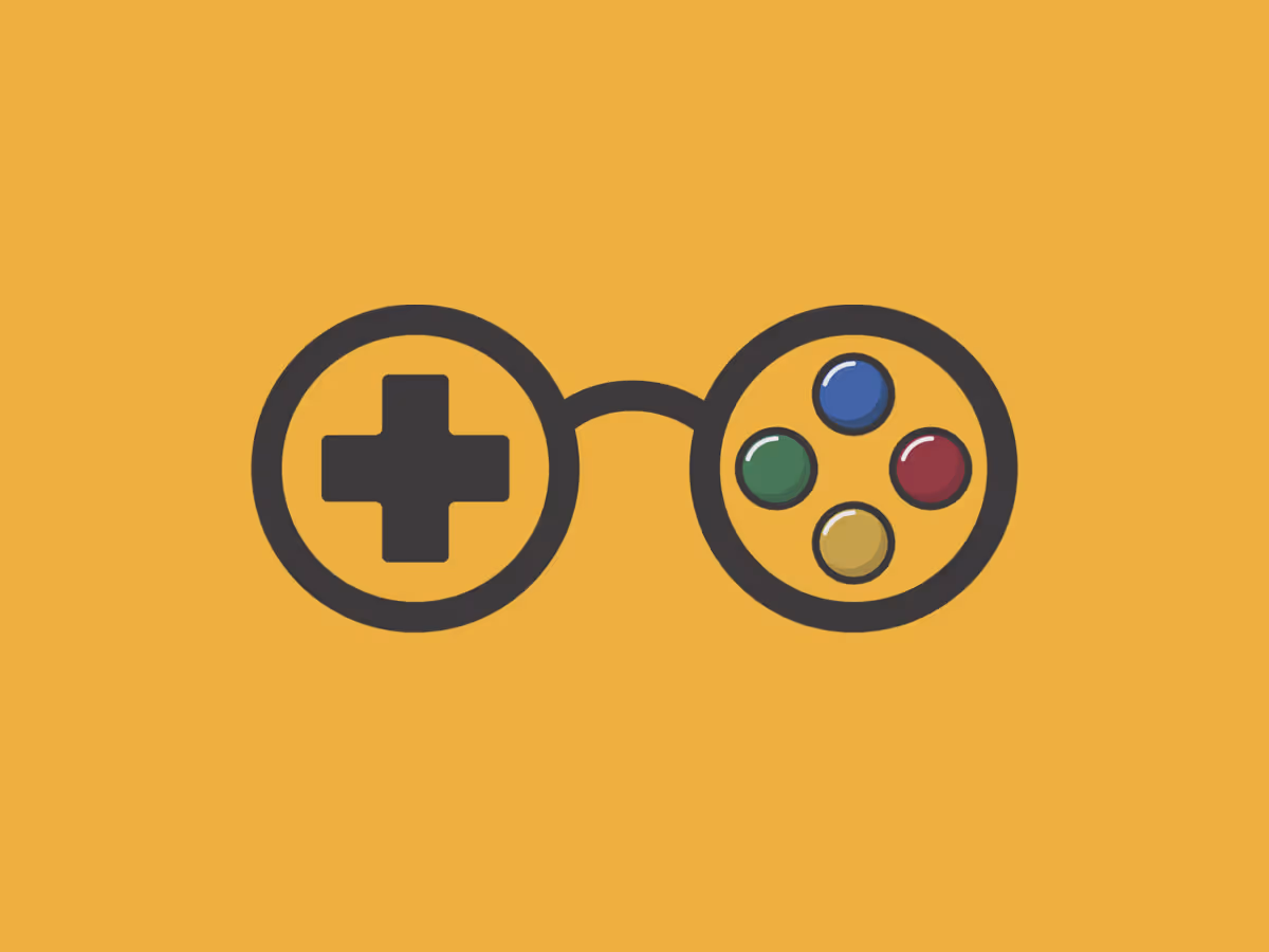 Stylized black eyeglass frames with gaming controller buttons inside the lenses on a mustard yellow background.