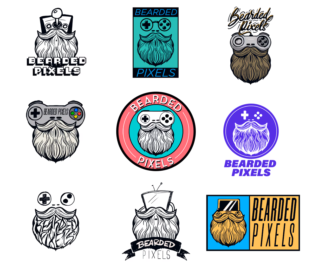 Nine different Bearded Pixels logo sketches featuring a bearded face integrated with various gaming elements like controllers, a TV, and pixelated text.
