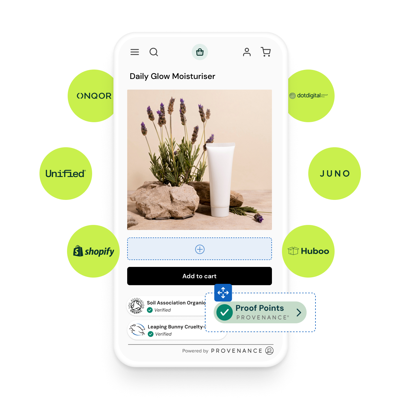 Mobile mock up of Provenance proof points on a PDP