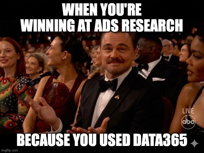 Investigación exitosa en la Biblioteca de Anuncios de Facebook con Data365 - meme de Leonardo Dicaprio en los Oscars