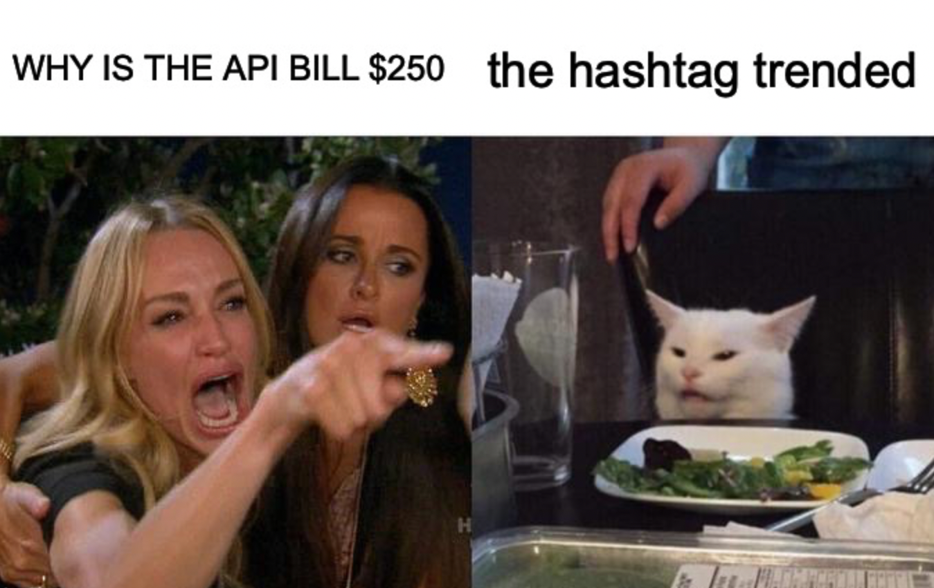 Meme de mujer gritando a un gato: factura de API