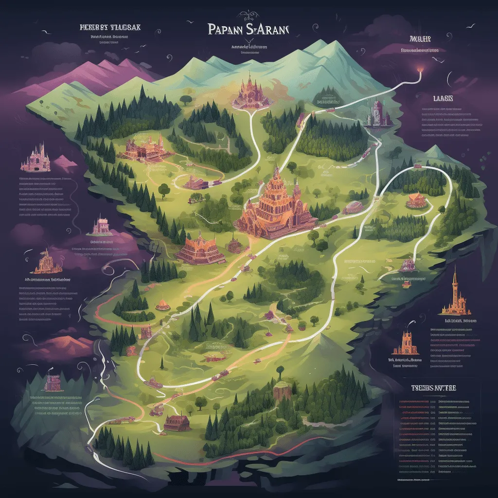 Illustrated fantasy map of Arborea Island showing hiking trails and points of interest