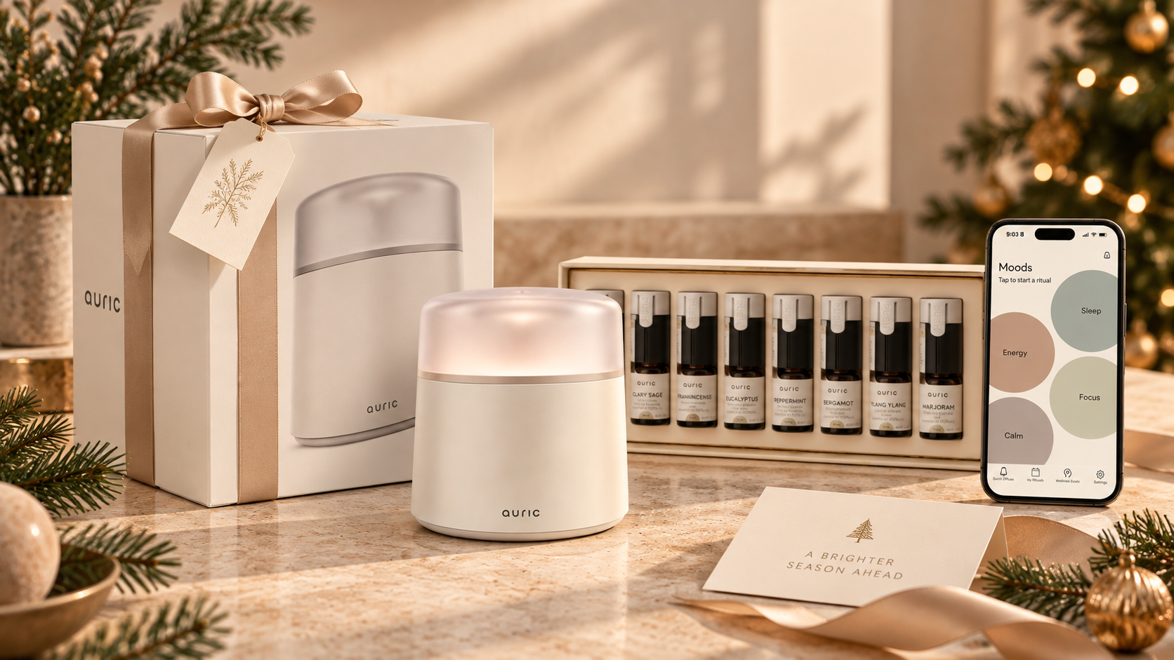 Auric Christmas gift with Aromasphere, eight essential oils and My Auric app.