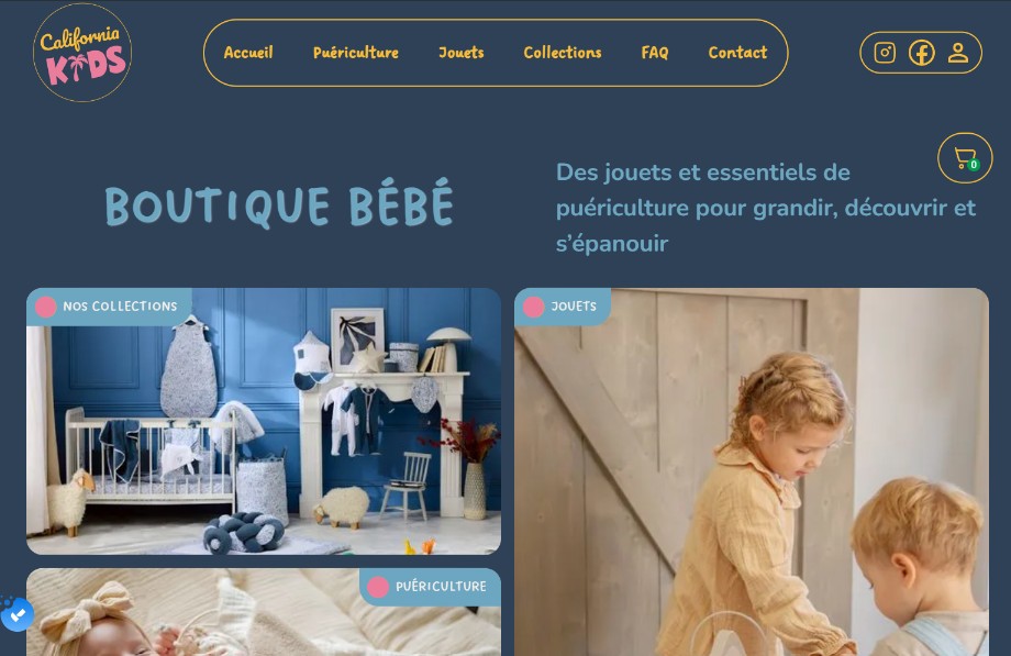Overview of the California Kids online store, an e-commerce site designed by Bizbold in Liège.