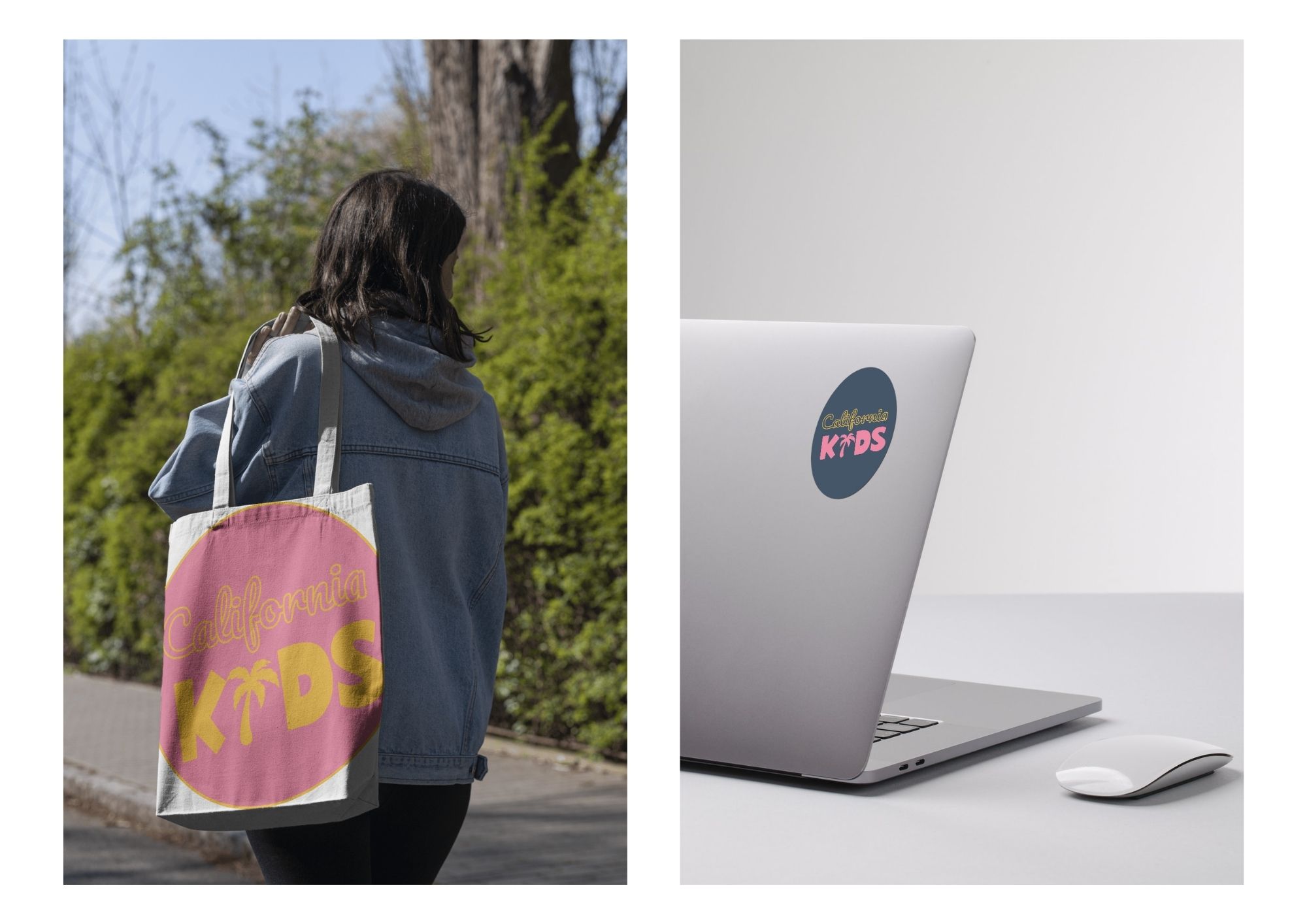 Mockup d’un sac shopping California Kids décliné dans l’identité visuelle créée par Bizbold à Liège.