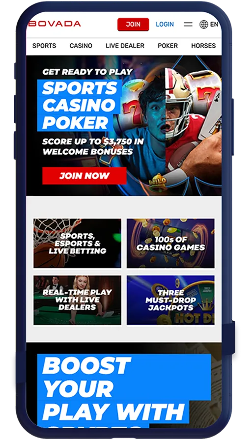 Mobile phone mockup displaying Bovada online casino website featuring sports betting, casino games, and poker promotions with a 'Get Ready to Play' welcome bonus offer and various game categories
