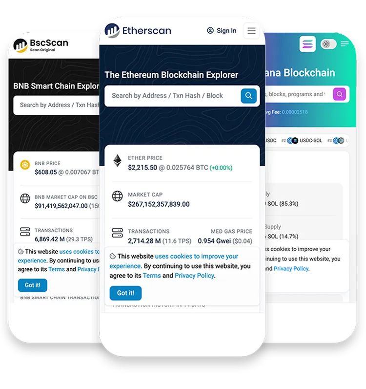 Mobile views of BscScan, Etherscan, and Solana explorers highlighting Blockchain-Ads’ wallet targeting technology for reaching Web3 users based on on-chain activity.