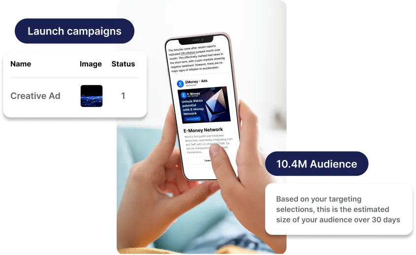 Interface de usuário móvel mostrando um modal de “campanhas de lançamento” junto com uma sobreposição de estimativa de “10,4 milhões de públicos”, ilustrando o redirecionamento e a otimização em ação.