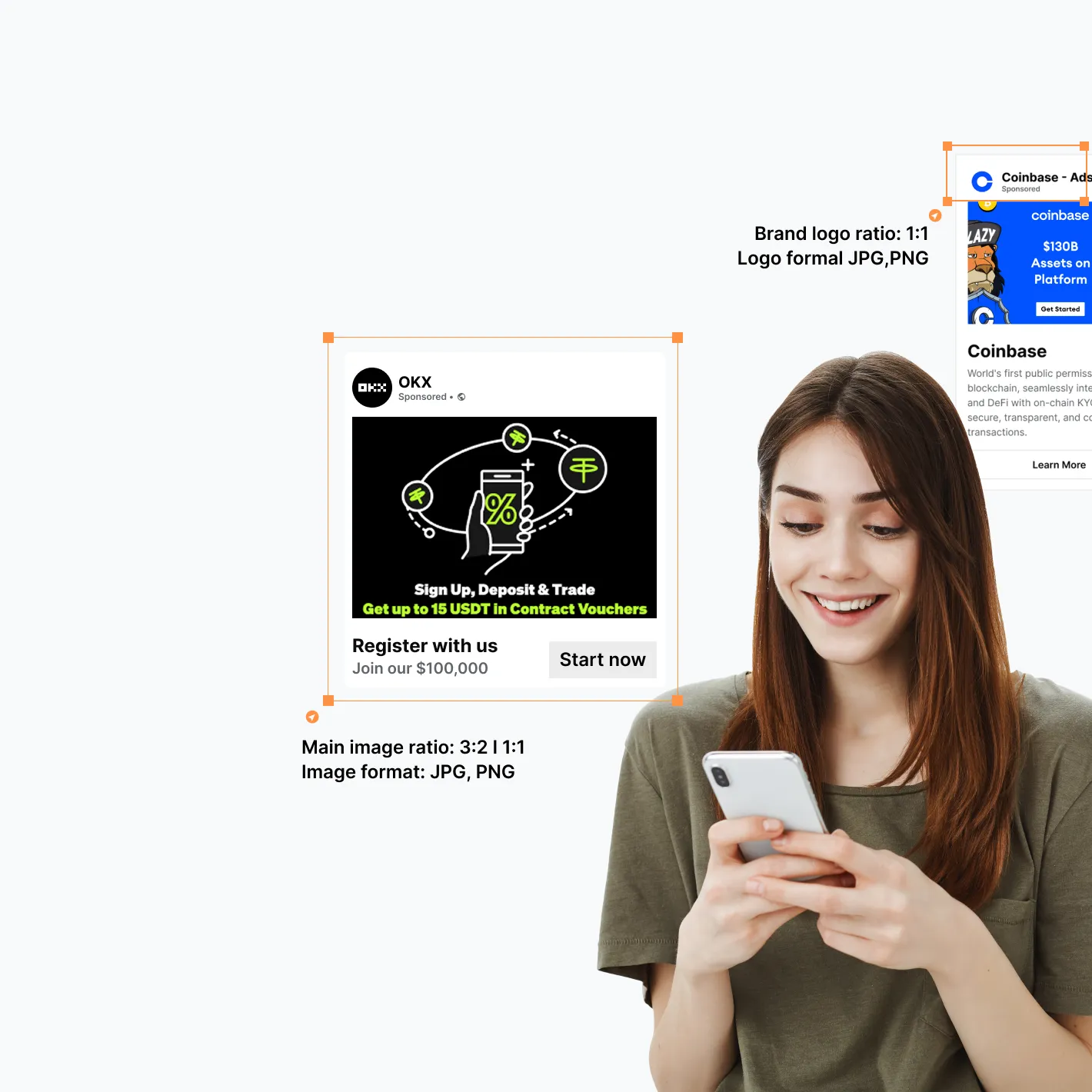Illustration of Blockchain-Ads display advertising capabilities with a lady (illustrating a user) holding her phone and different examples of ads in the background