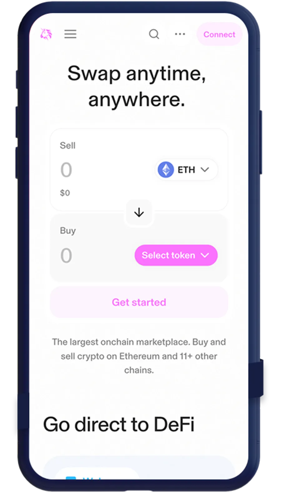 Phone mockup showing Uniswap dashboard
