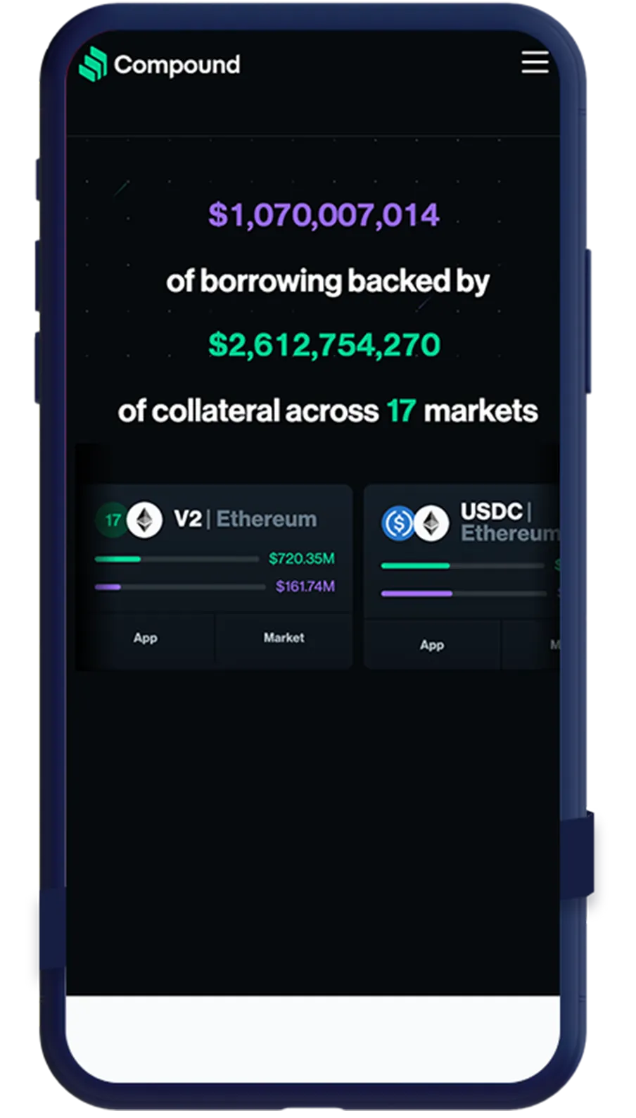 A phone mockup of Compound showing how advertisers can target degens and liquidity provers on Blockchain-Ads
