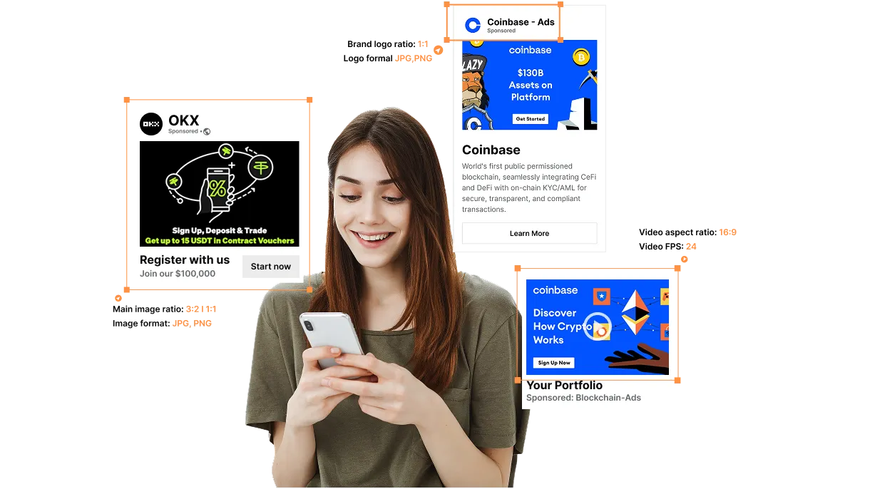 Illustration of Blockchain-Ads display advertising capabilities with a lady (illustrating a user) holding her phone and different examples of ads in the background