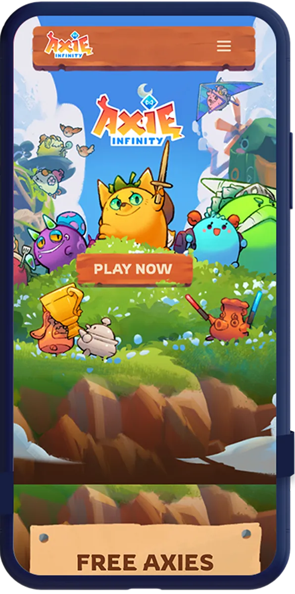 Axie Infinity mobile ad with colorful Axies, bold ‘PLAY NOW’ CTA, and ‘Free Axies’ banner.