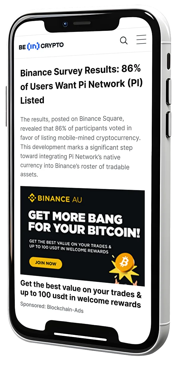 Blockchain-Ads mobile advertising platform showing targeted crypto ads on news websites with real-time performance tracking