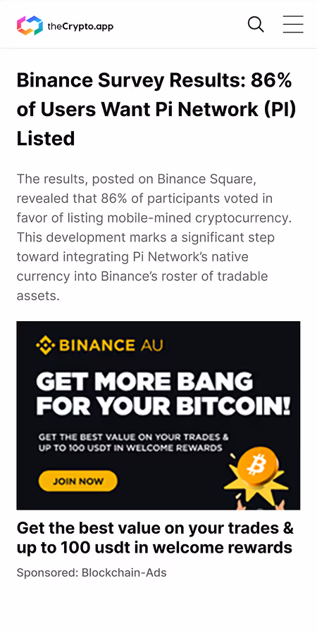 Smart display advertising example showing Binance AU banner ad on crypto news mobile website with optimized placement
