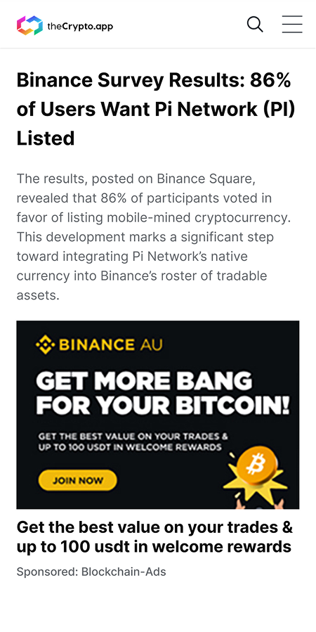 Smart display advertising example showing Binance AU banner ad on crypto news mobile website with optimized placement