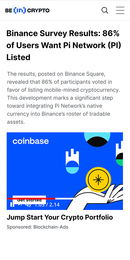 Mobile video advertising example featuring Coinbase crypto trading platform with engaging animated graphics