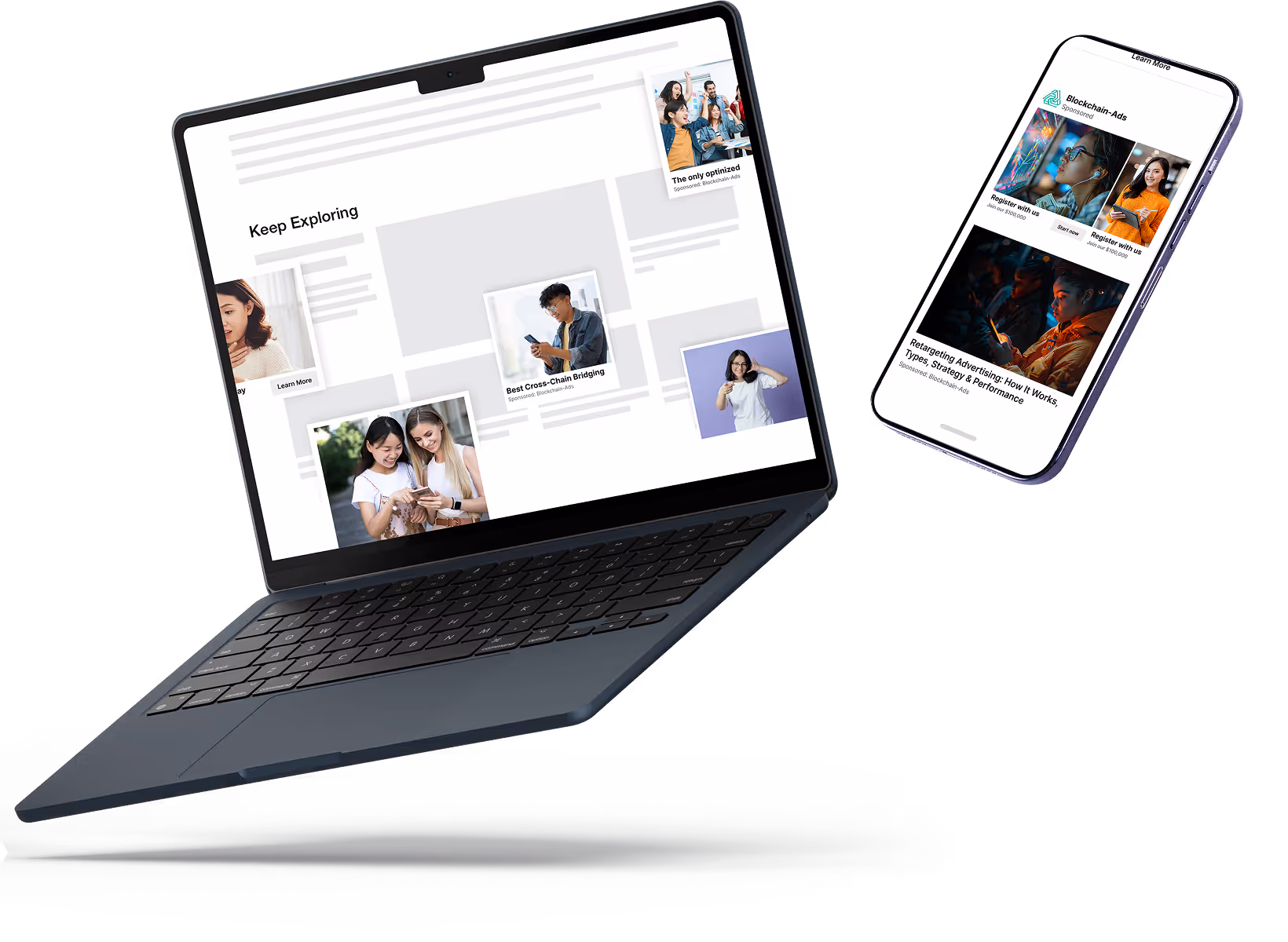 Multi-device finance marketing display showing Blockchain-Ads platform campaigns on laptop and mobile devices