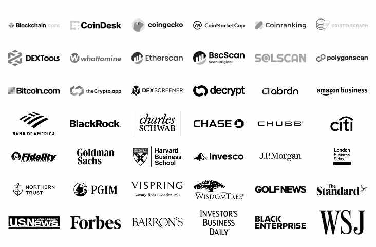 Collection of logos from various financial, business, and cryptocurrency companies and media including Blockchain.com, CoinDesk, CoinGecko, CoinMarketCap, Bank of America, BlackRock, Charles Schwab, Chase, Citi, Fidelity, Goldman Sachs, Harvard Business School, J.P. Morgan, Forbes, and WSJ.