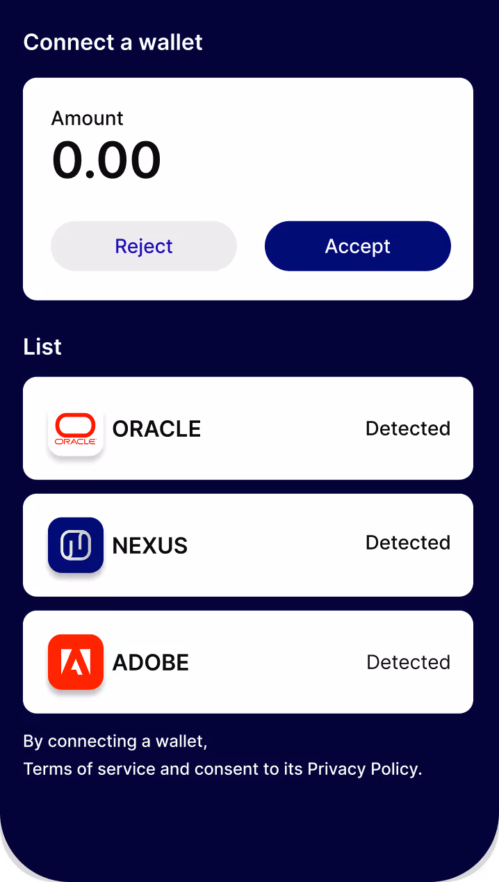 Mobile interface for connecting a wallet showing amount 0.00 with Reject and Accept buttons, and a list of detected wallets: Oracle, Nexus, Adobe.