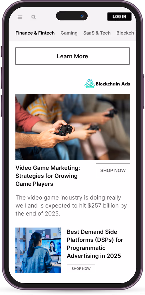 Smartphone screen showing a Blockchain Ads webpage with articles on video game marketing and programmatic advertising.