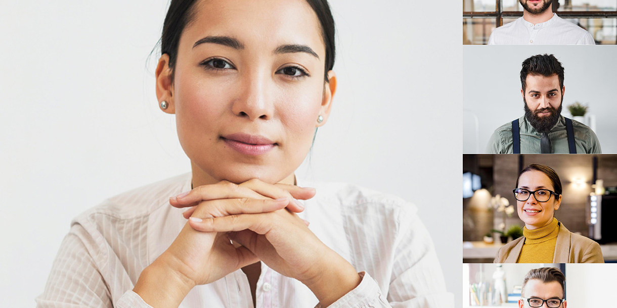 Portrait of a confident woman with folded hands looking at the camera, with smaller portraits of diverse professionals on the right side.