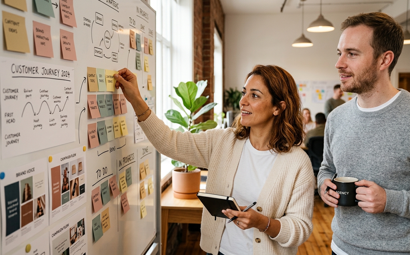 Two colleagues at a marketing agency planning wall