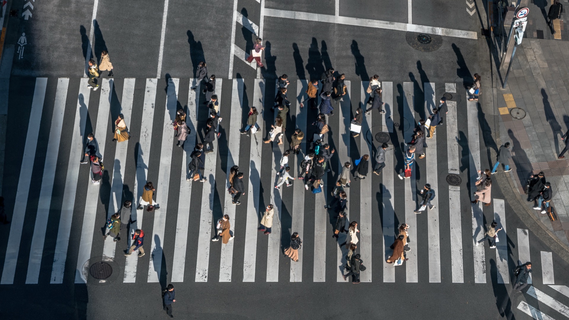 Aerial view of a crowd crossing a city street