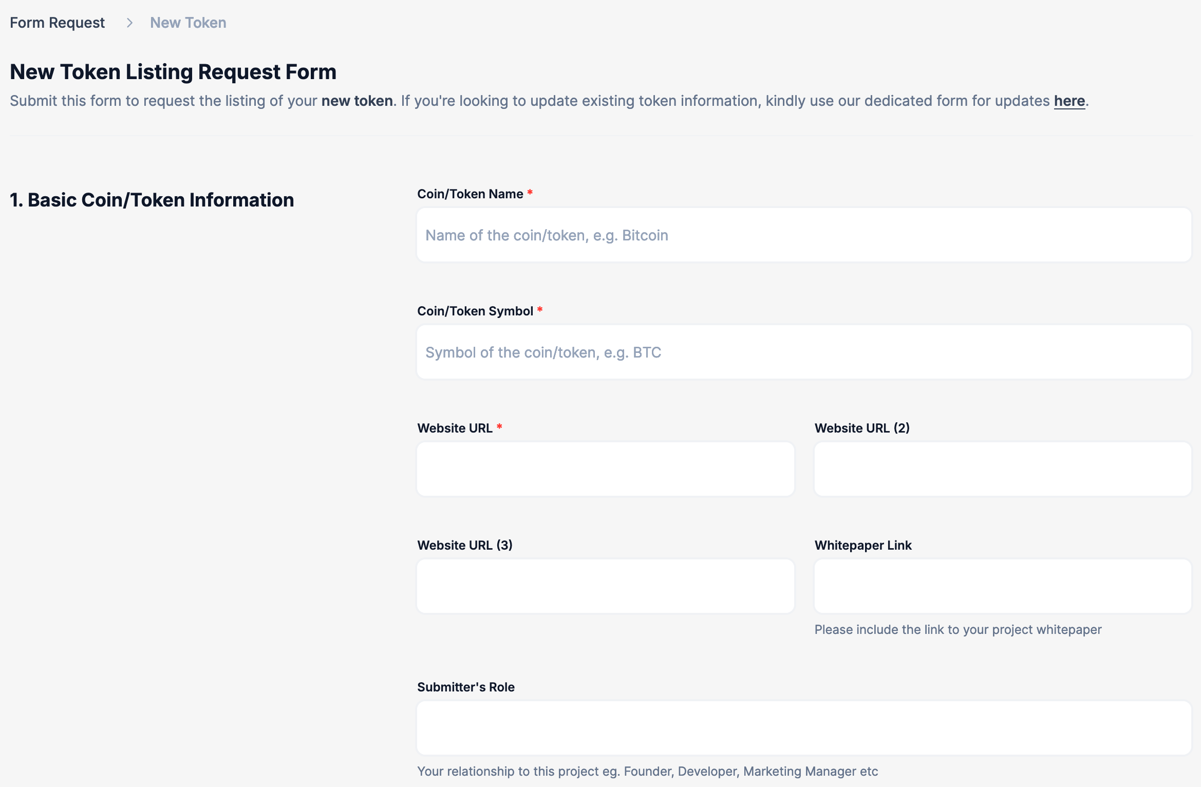 The listing form of creating a new token on CoinGecko